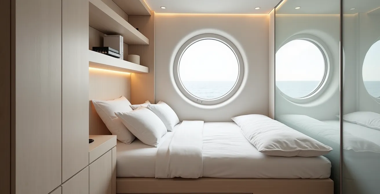 Vista interna di una cabina traghetto organizzata con efficienza