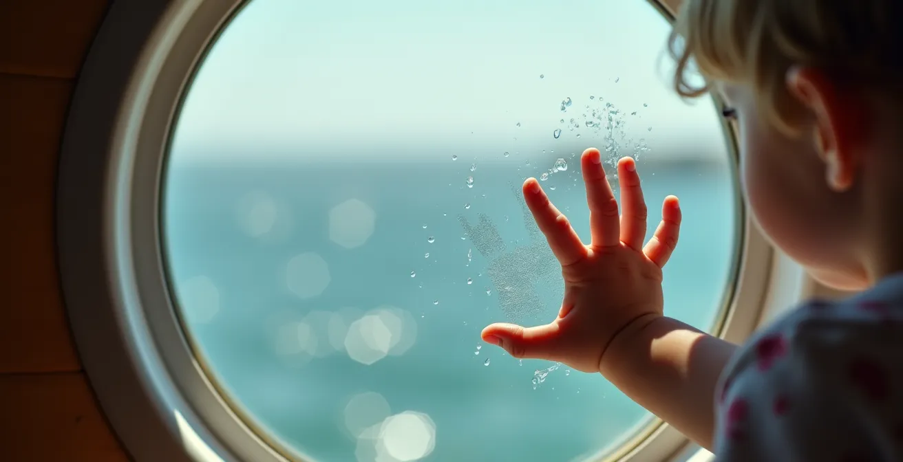 Mani di bambino che toccano l'oblò della cabina guardando il mare