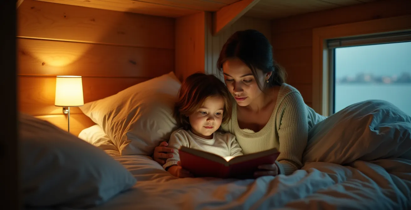 Famiglia rilassata in cabina durante traversata notturna